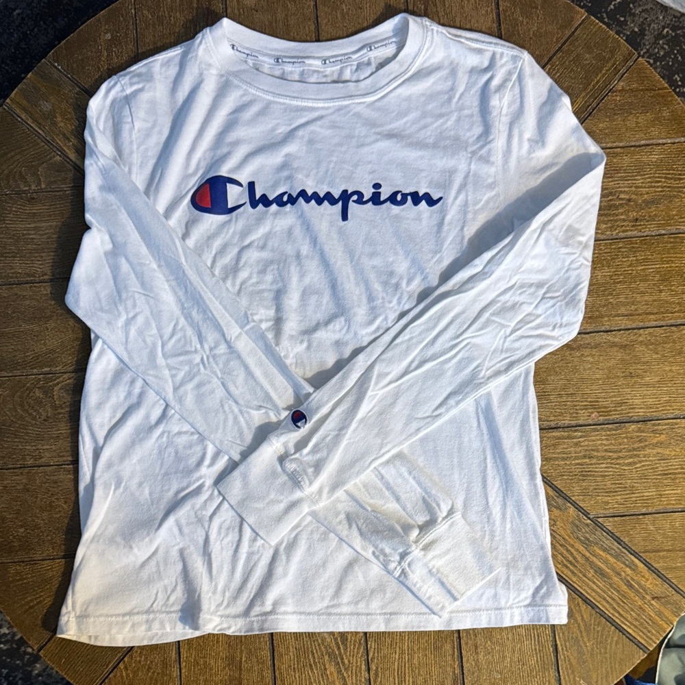 Champion White Long Sleeve Tee with Blue Logo